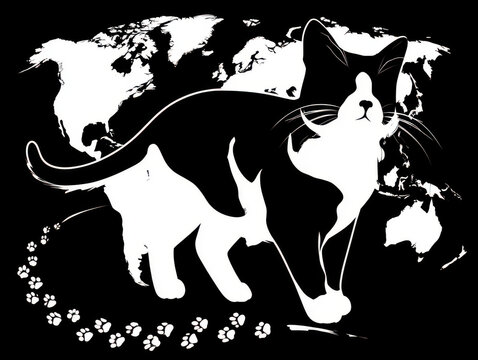 Whimsical Celestial Cat Silhouette Minimalist Globe Map with Stars Ocean