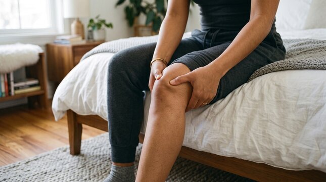 Woman sitting on bed holding her painful knee experiencing joint ache and injury