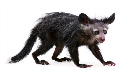 Obraz premium Realistic aye aye lemur isolated on a white background featuring shaggy fur, large ears and distinctive primate anatomy