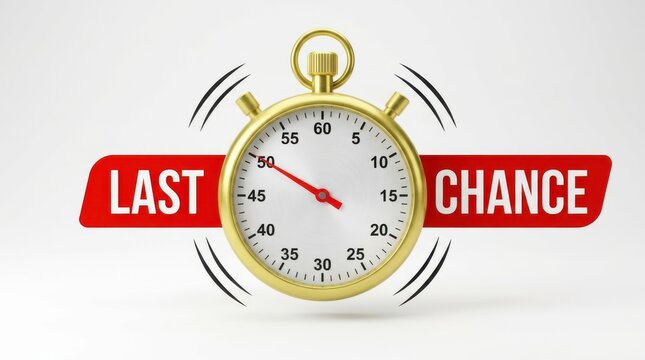 A golden stopwatch displaying 55 seconds, with red text last chance on a white background.