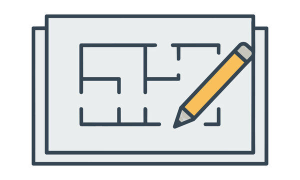 Minimalist icon of architectural blueprints with a pencil on a white background for a professional building design concept