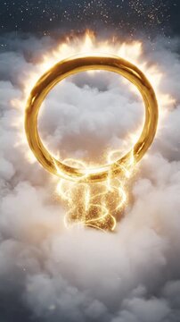 Fiery glowing basketball hoop floating in the clouds.
