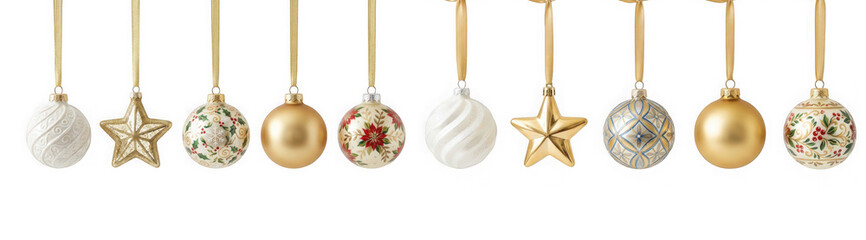 Obraz premium Collection of various christmas baubles and star ornaments hanging on a string isolated on transparent background