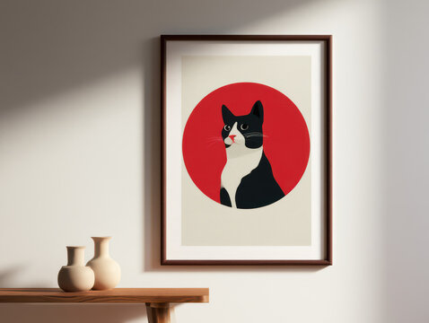Minimalist Red Silhouette Cat Portrait Geometric Black White Wall Art for Modern