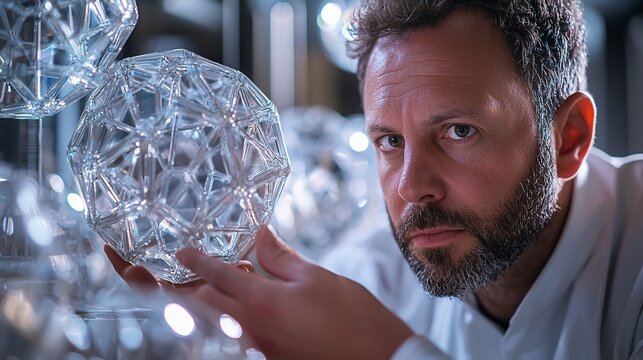 Scientist examines crystal structure, lab background, research