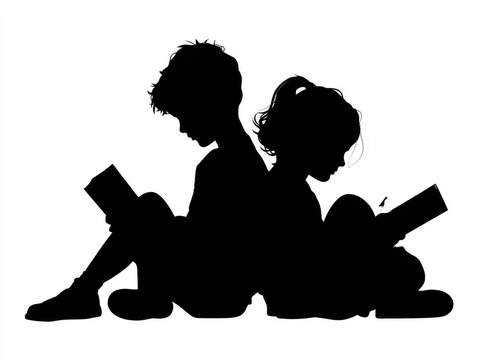 Kids Crouching in Shadows Monochrome Book Companionship Curiosity
