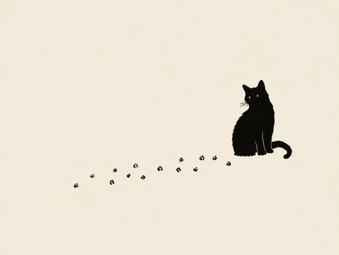 Minimalist Monochrome Feline Silhouette Abstract Dots Trail in Elegant Night