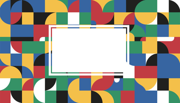 Colorful grid pattern of geometric circles and squares featuring a blank white frame box for custom text.
