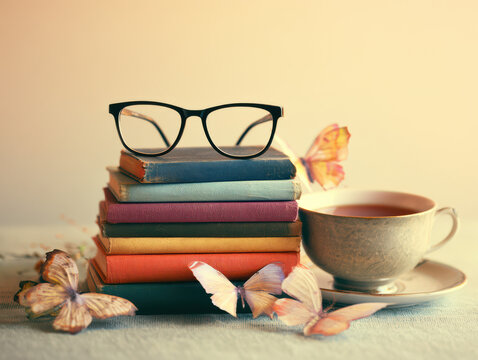 Warm Pastel Hues Cozy Reading Nook with Books Tea Butterflies for Serene