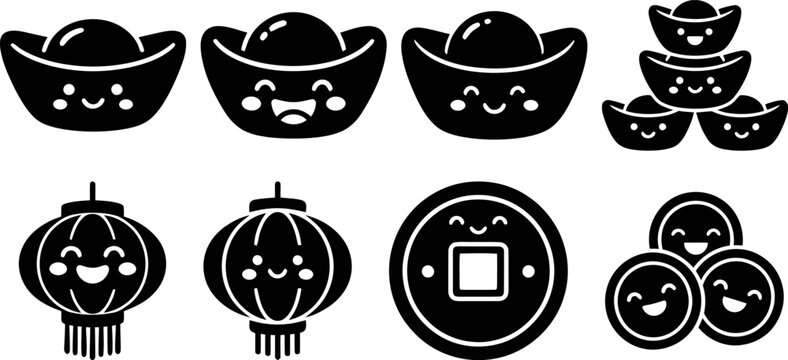 Kawaii Chinese New Year icons set, cute sycee gold ingots and lanterns with smiling faces, black silhouette lunar festival vector elements