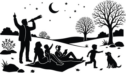 Family stargazing and night exploration silhouette showing parents and children observing stars and moon with telescope, reading, and playing with dog under clear evening sky in nature