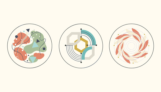 Three circular plates decorated with different abstract geometric and organic patterns on a cream background.