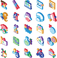 Fototapeta premium Collection of colorful isometric symbols presenting a wide range of concepts including technology, health, jobs, travel, nature, entertainment, education, and daily life activities