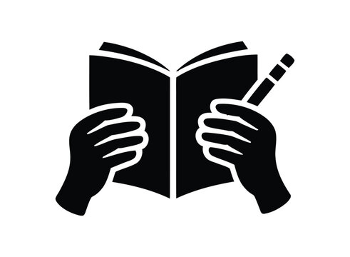 Stylized black silhouette of hands holding an open book and a pencil isolated on transparent background