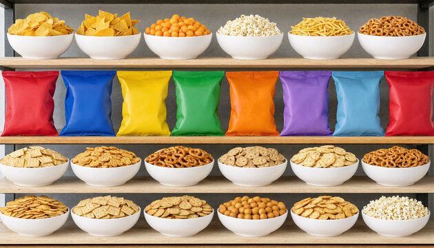 Multiple bowls and colorful snack bags displayed on wooden shelves, showing a variety of chips, crackers, pretzels and popcorn. Ideal for food, retail or party themes.
