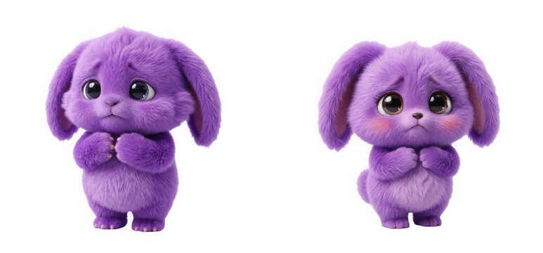 Adorable sad purple fluffy creature with big eyes isolated on transparent background