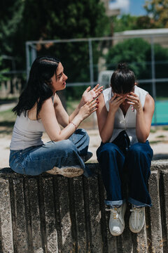 Two female students sit on a low wall while one friend comforts the other, who covers her face. A classmate consoles her companion beside a school playground in an outdoor setting.
