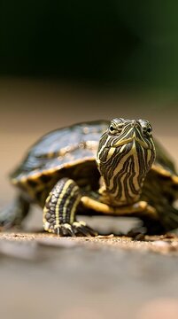 Wasserschildkr&ouml;te bewegt sich langsam &uuml;ber den Boden und blickt direkt in die Kamera. Naturvideo zu Reptilien, Tierverhalten, Lebensraum, Artenschutz und Wildtierbeobachtung.