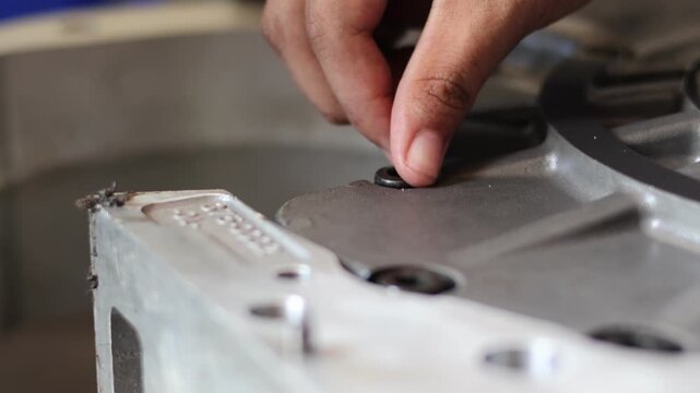 A worker using an allen wrench to tighten a socket head screw on an industrial machine part.