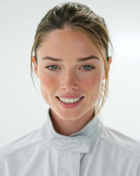 L&auml;chelnde junge &Auml;rztin blickt direkt in die Kamera. Freundliches Portr&auml;t einer medizinischen Fachkraft zu Vertrauen, Gesundheit, moderner Medizin und pers&ouml;nlicher Patientenbetreuung.