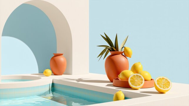 Minimal Mediterranean pool scene with archway citrus and terracotta vase for elegant resort branding and summer poster design.

