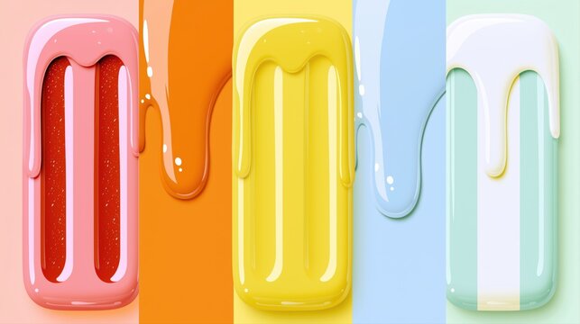 Colorful melting popsicle background with glossy dripping ice cream shapes and pastel stripes for summer branding and packaging design.

