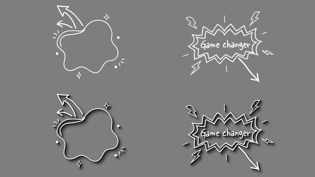 Animated hand-drawn callout set with white doodle elements, version with and w/o shadow included, ideal overlays for social media, transparent background with alpha channel