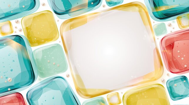 Colorful glossy square tile background with white center copy space, playful geometric pattern for packaging, banner design, and branding.


