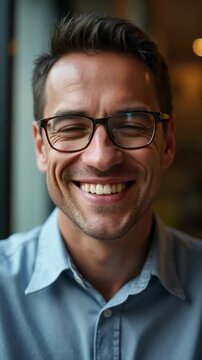 Portrait of a young man in a casual blue shirt sitting indoors at a modern cafe. Natural window light, blurred background creates a warm, relaxed atmosphere.