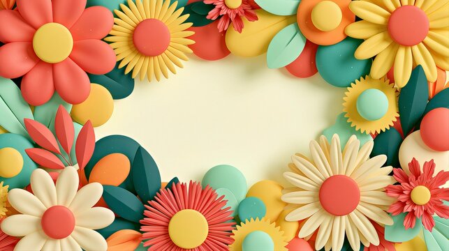 Colorful paper flower frame background with cheerful floral border and pale copy space for spring branding and invitation design.

