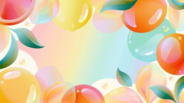 Colorful glossy balloon and leaf border background with rainbow copy space for cheerful party branding and invitation design.

