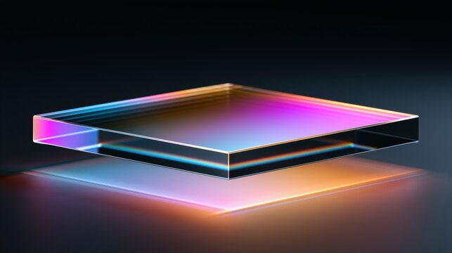 Neon glowing transparent chip platform futuristic technology background with rainbow edges and dark reflection for web banner design.

