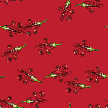 pattern sliced chili pepper sketch hand drawn vector hot slice, spicy food, cut red vegetable vintage black line illustration