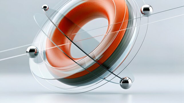 Abstract orbital ring structure with metallic spheres and orange core on clean background for technology branding and innovation design.

