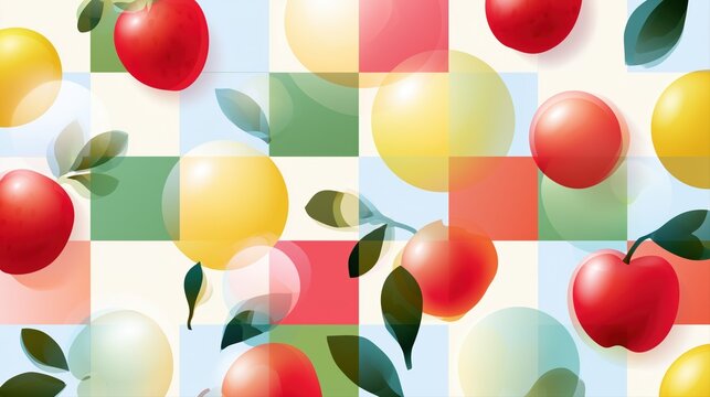Vibrant fruit pattern background with apples and lemons on a checkered overlay for playful summer branding and packaging design.

