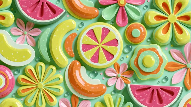 Colorful fruit and flower candy pattern background with glossy summer shapes for playful packaging and cheerful branding design.

