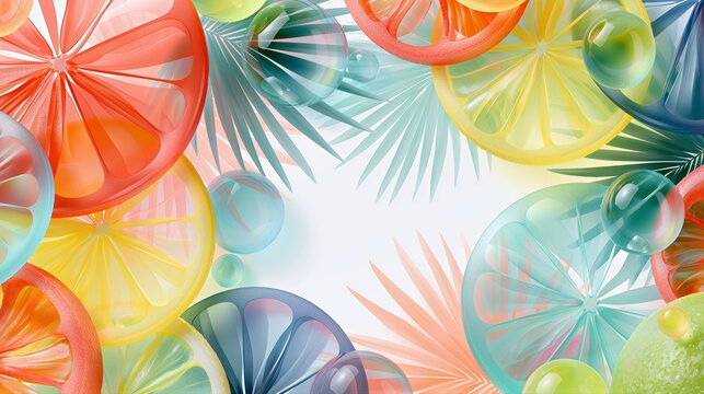Colorful tropical citrus frame background with paper cut leaves and bright copy space for summer banner and festive branding design.

