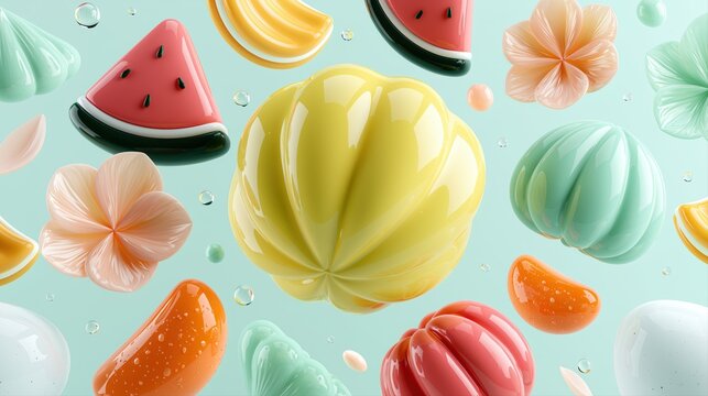 Pastel floating fruit and candy summer pattern background with mint copy space for playful packaging branding and social media design.


