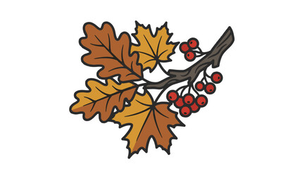 Fototapeta premium Single flat vector autumn foliage branch with oak and maple leaves isolated on white background