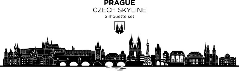 Fototapeta premium Prague Czech City Skyline Landmark Silhouette Set Black White Travel Bundle Vector Illustration Isolated White Background