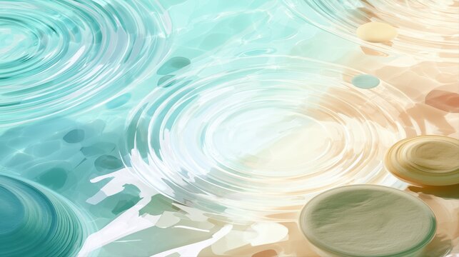 Zen water ripple background with smooth stones and pastel reflections for spa branding and tranquil wellness decor design.

