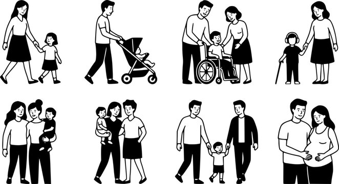 Family diversity icons with single parents disabled children same sex couples and pregnancy
