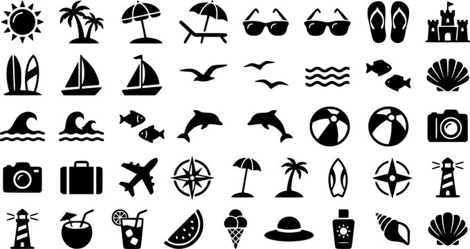 Summer and beach flat design filled icon set, holiday and vacation vector illustration.
