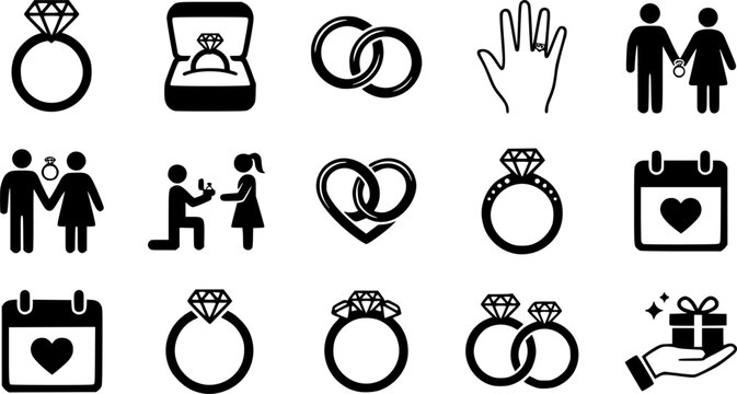 Vector wedding icon set with marriage ceremony symbols bride groom rings and love items.
