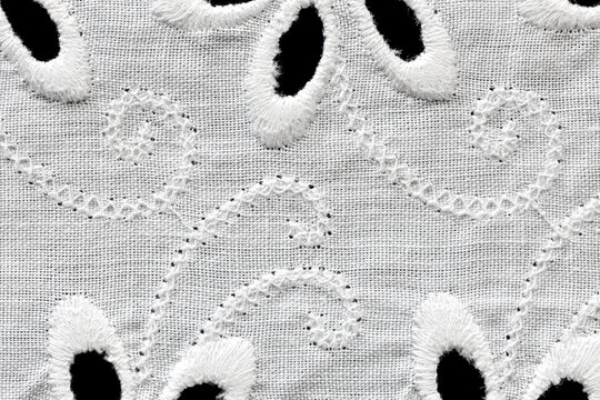 Extreme macro close-up of scroll vine chain-stitch embroidery and partial cutwork petals on white cotton broderie anglaise fabric, isolated on black background.