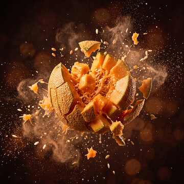 Cantaloupe exploding floating mid air 