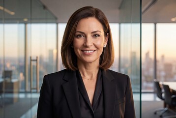 Fototapeta premium Confident businesswoman smiling in modern corporate office interior