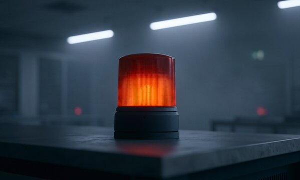 Alert Light on Table: Blue and Orange Glow in Hazed Interior Space