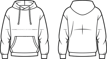 Technical Drawing of a Hoodie: Front and Back Views of a Pullover Sweatshirt with Pocket and Drawstrings, Ideal for Fashion Design and Apparel Templates © MdMohsin