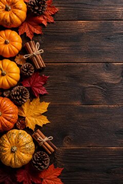 Top view vertical autumn and halloween flat lay background with small pumpkins, maple leaves, pine cones, and cinnamon sticks on dark rustic wooden table with copy space